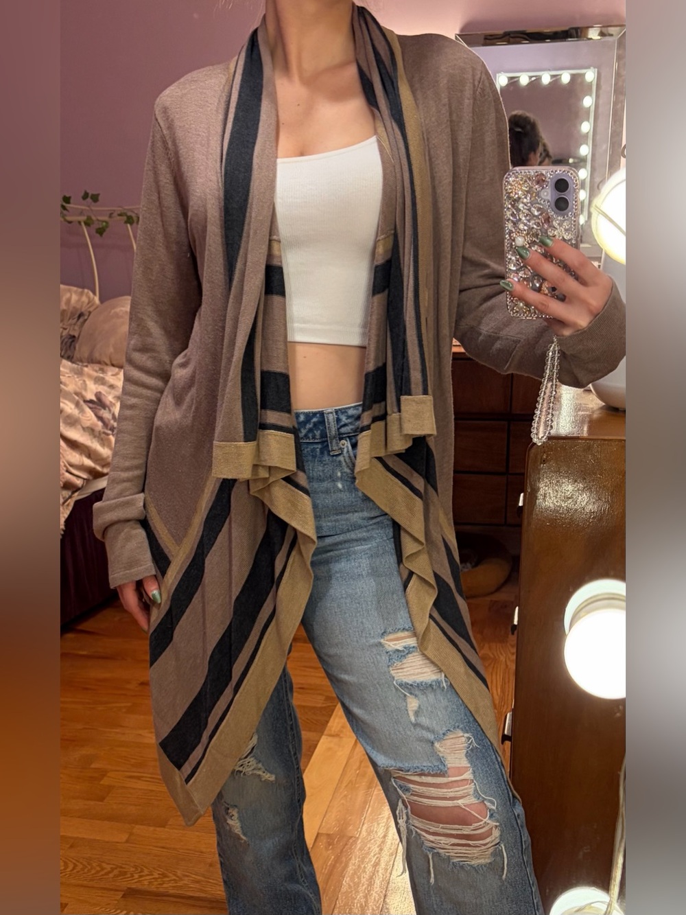 Draped Open-Front Women’s Cardigan Sweater in Taupe